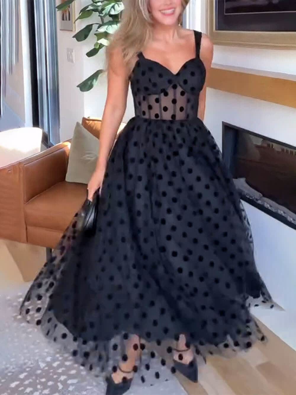 Noirélla™ Polka Dot Tulle Sweetheart Midi Dress