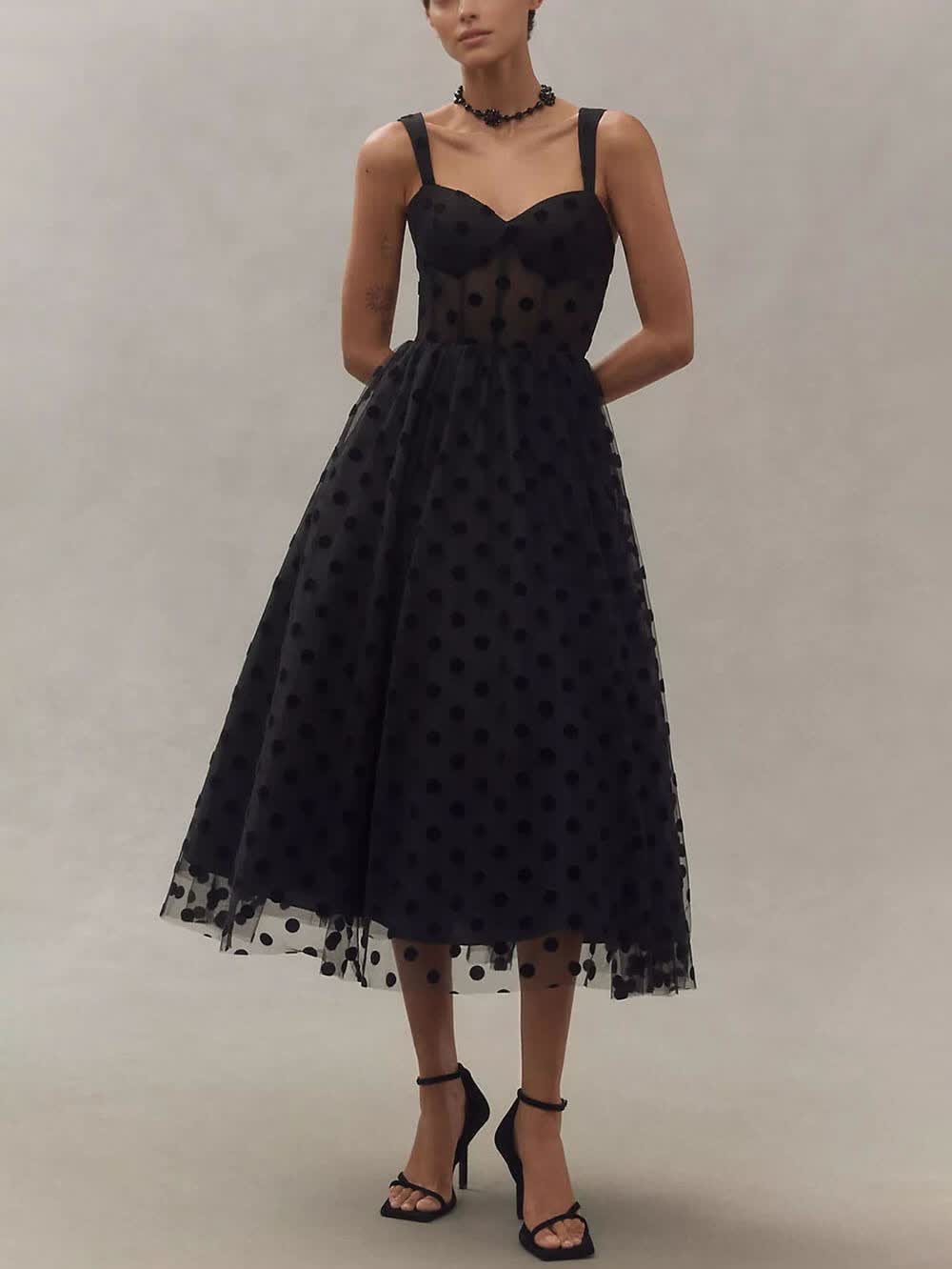 Noirélla™ Polka Dot Tulle Sweetheart Midi Dress