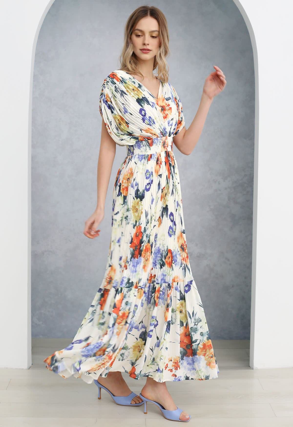 Vernal Blossom Pleated Maxi Dress