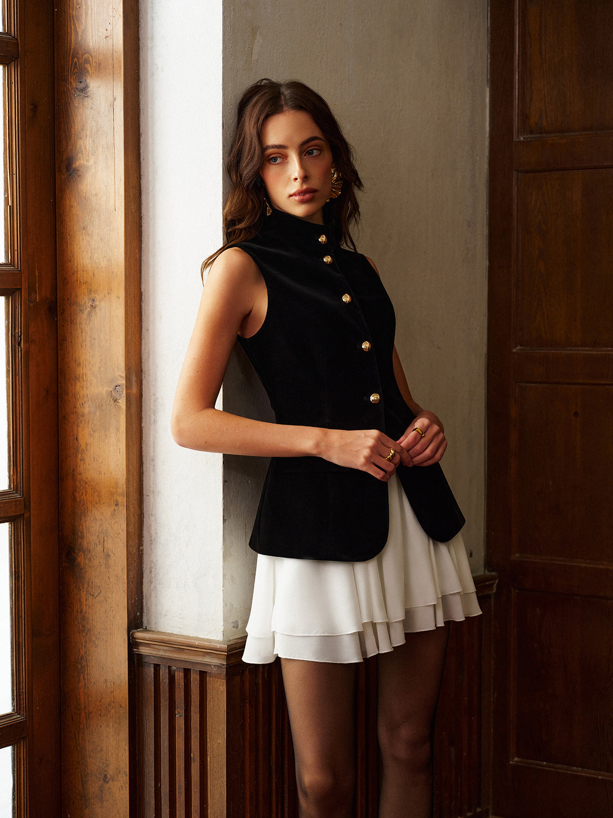 Amélie Button Slit Velvet Top & Chiffon Skirt Set