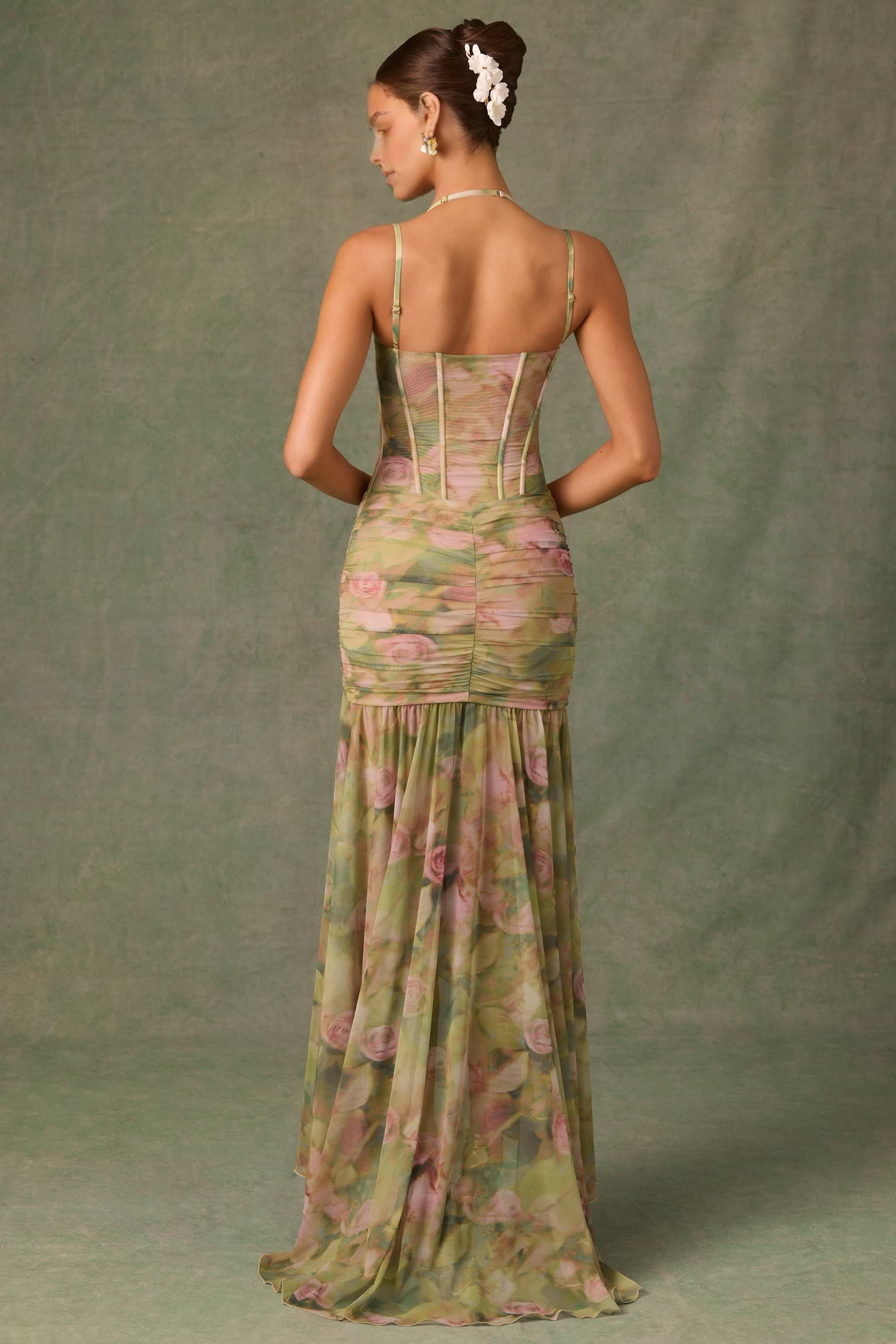 Floral Multi-Print Corset Gown with Ruched Asymmetric Design