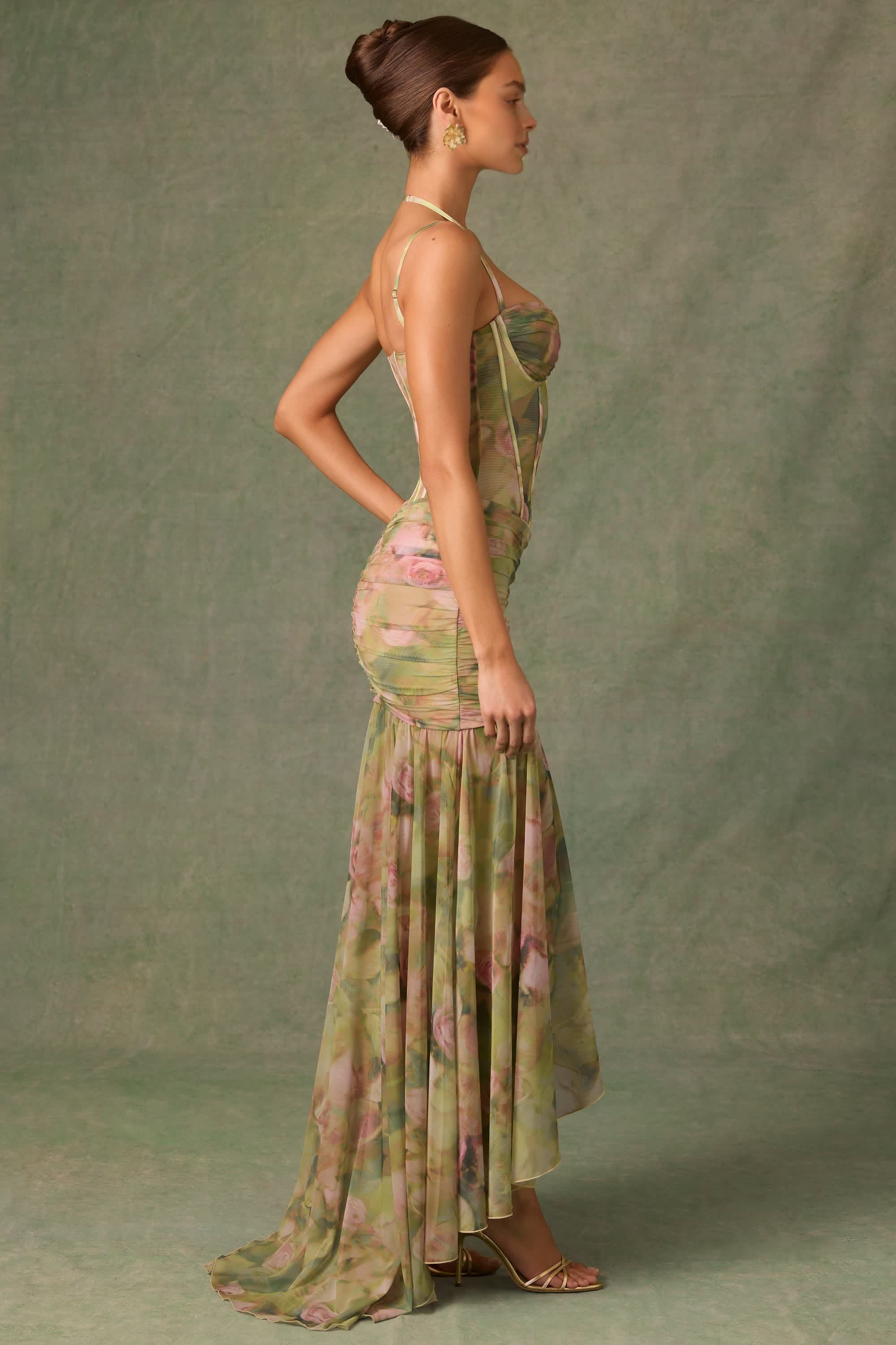 Floral Multi-Print Corset Gown with Ruched Asymmetric Design