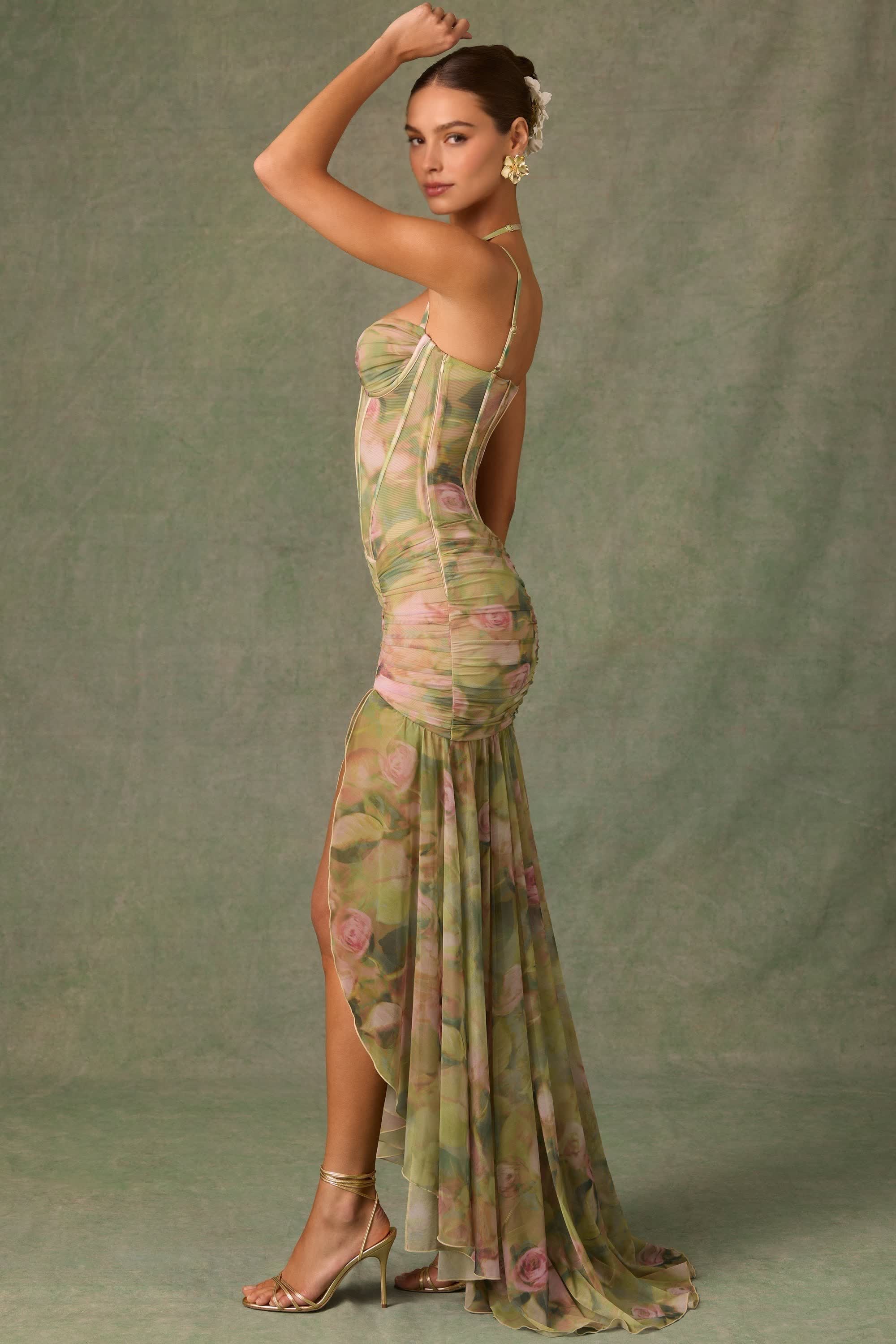 Floral Multi-Print Corset Gown with Ruched Asymmetric Design