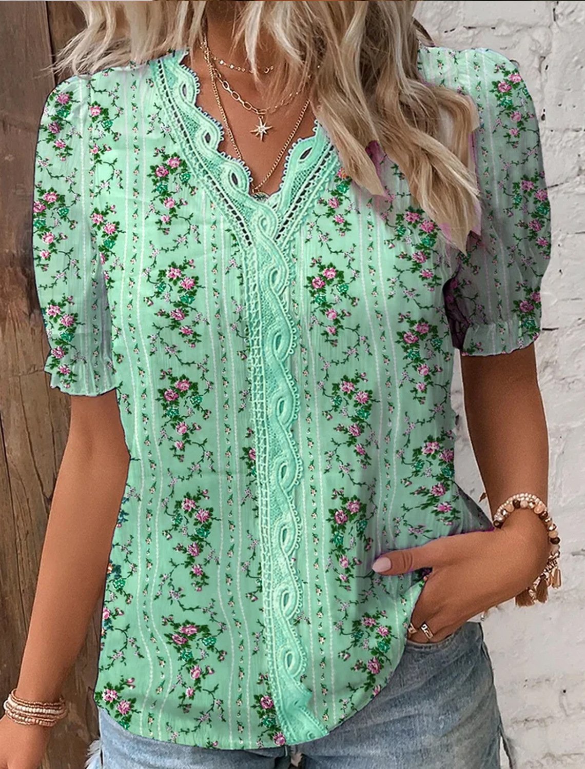 V Neck Plain Lace Elegant Shirt