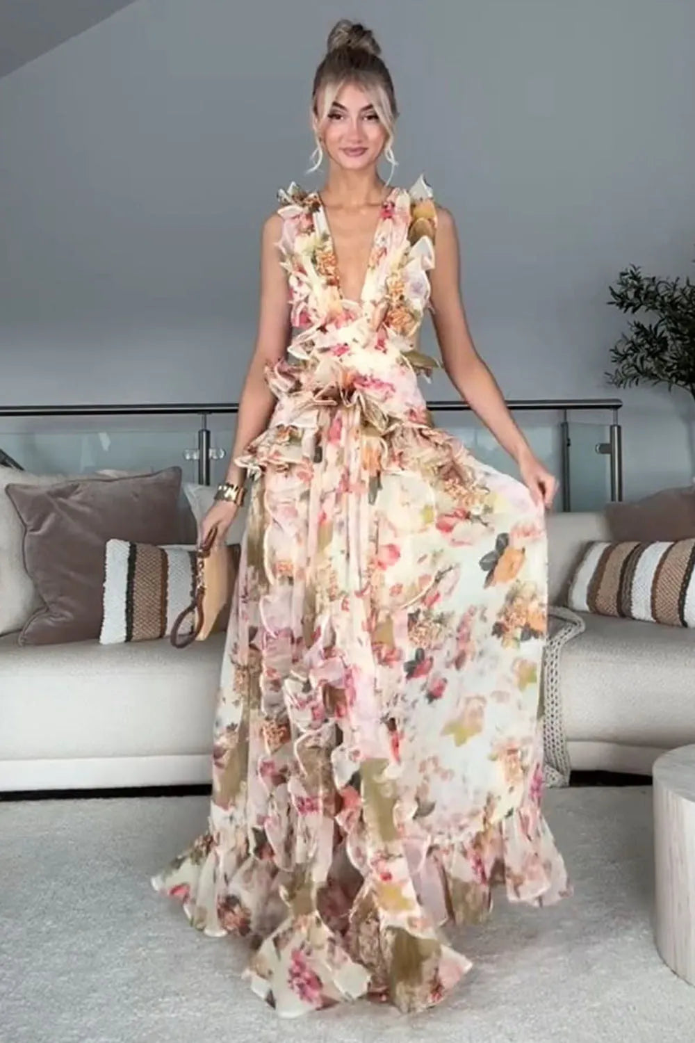 Floravelle™ Ruffle Slit Maxi Dress - Beige