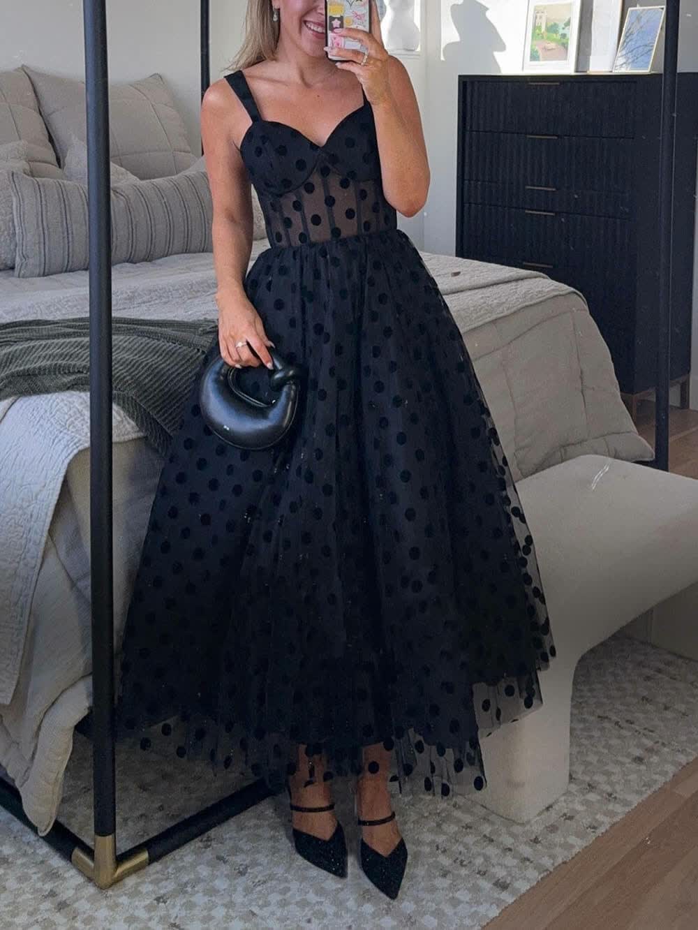 Noirélla™ Polka Dot Tulle Sweetheart Midi Dress