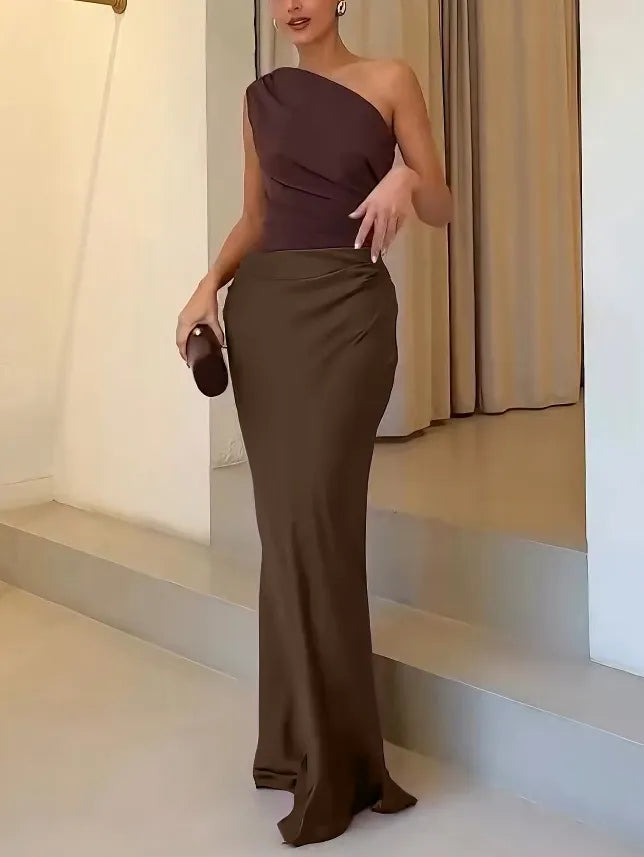 Elegant One Shoulder Neck Pleated Maxi Dress