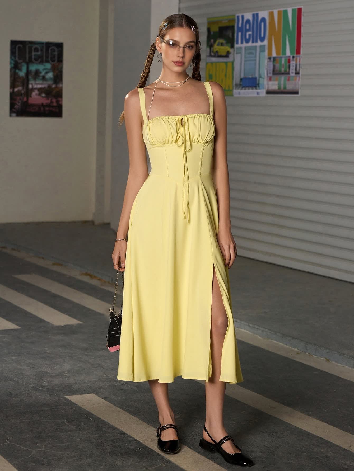 Ruched Bust Split Thigh Cami Dress