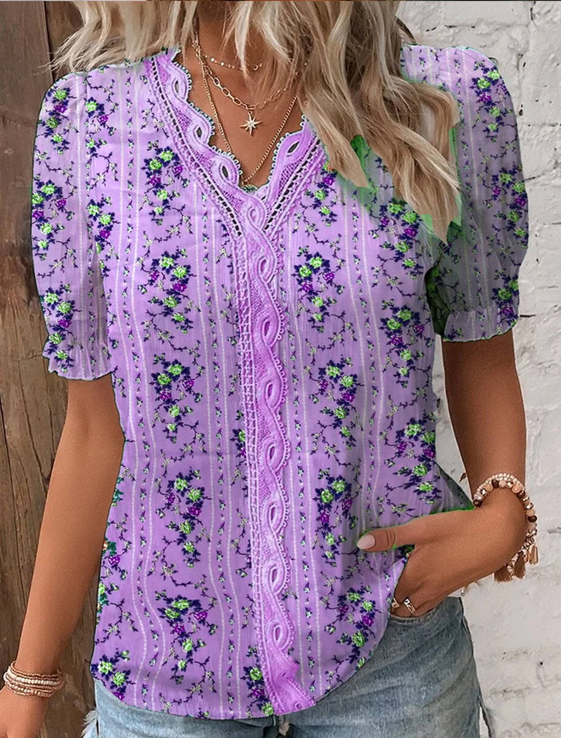 V Neck Plain Lace Elegant Shirt