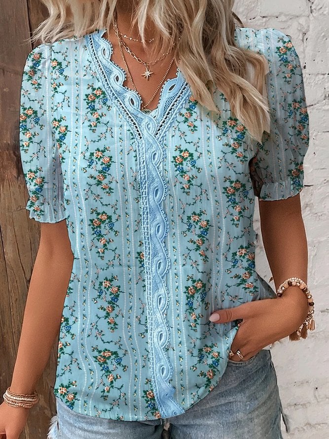 V Neck Plain Lace Elegant Shirt