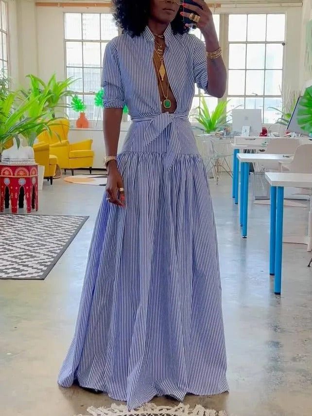 Striped Stand Collar Shirt & Skirt Set